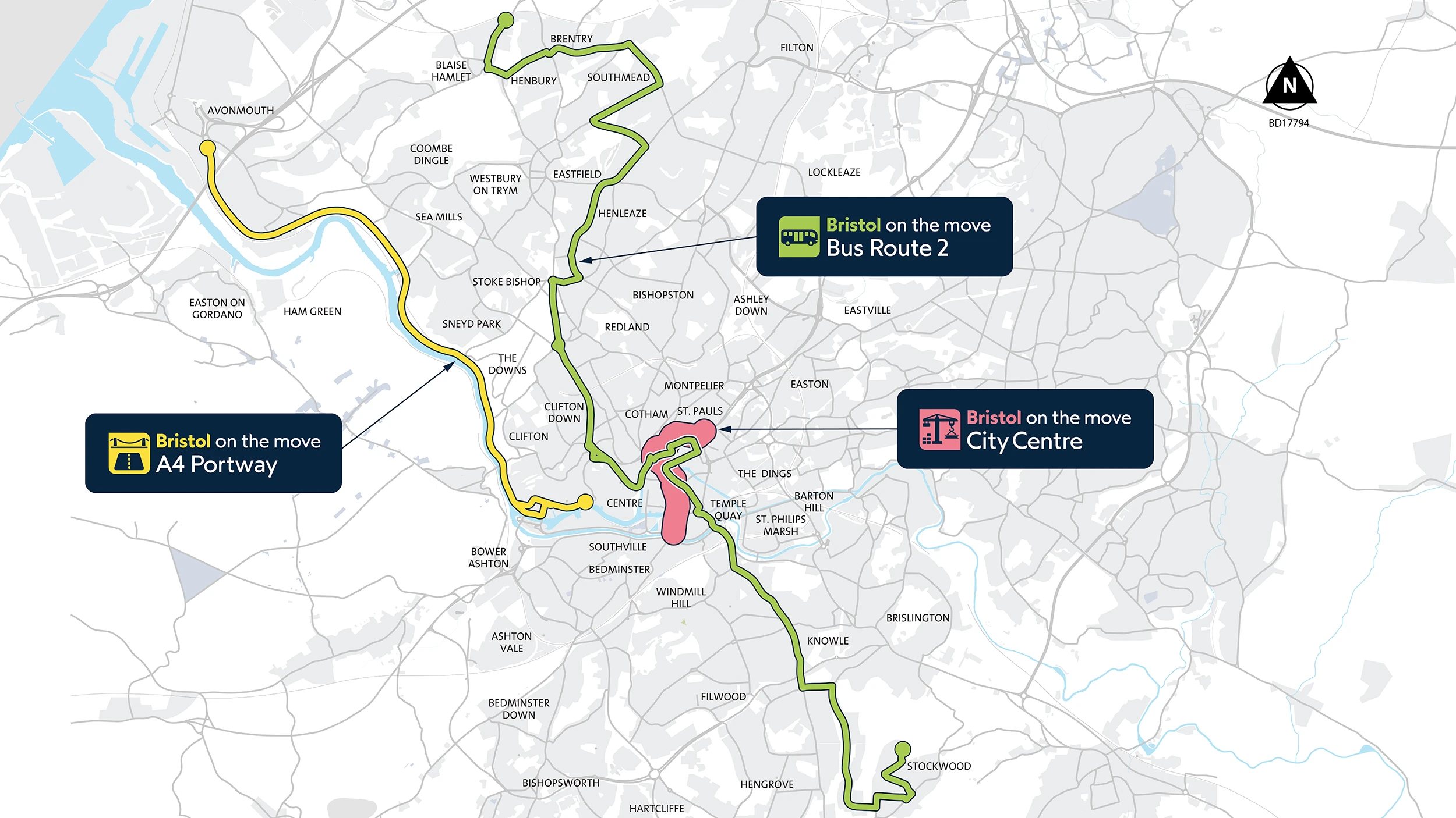Bristol on the Move - Map of projectsBristol on the Move - Map of projects Routes and areas marked out for A4 Portway, City Centre and Bus Route 2