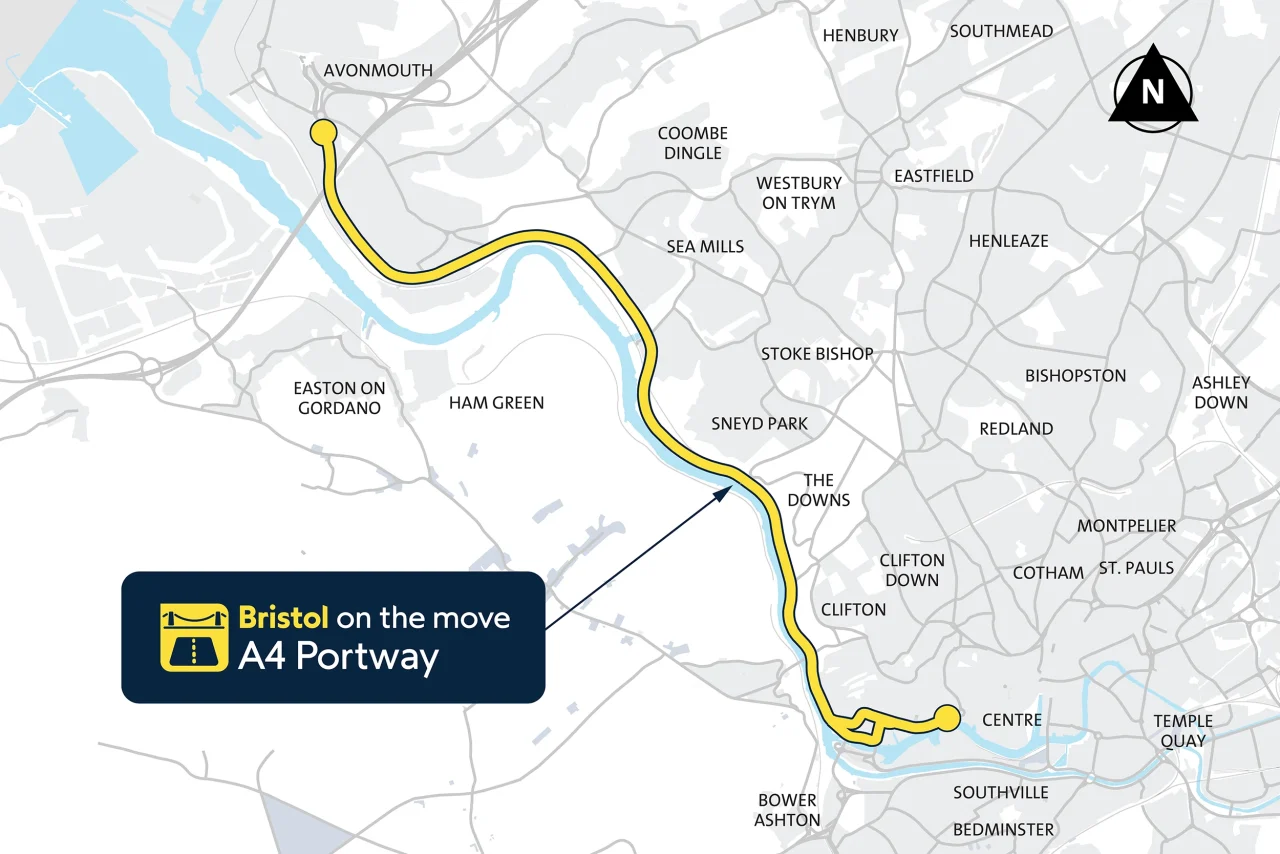 Map view with the A4 Portway highlighted between Hotwells and Avonmouth