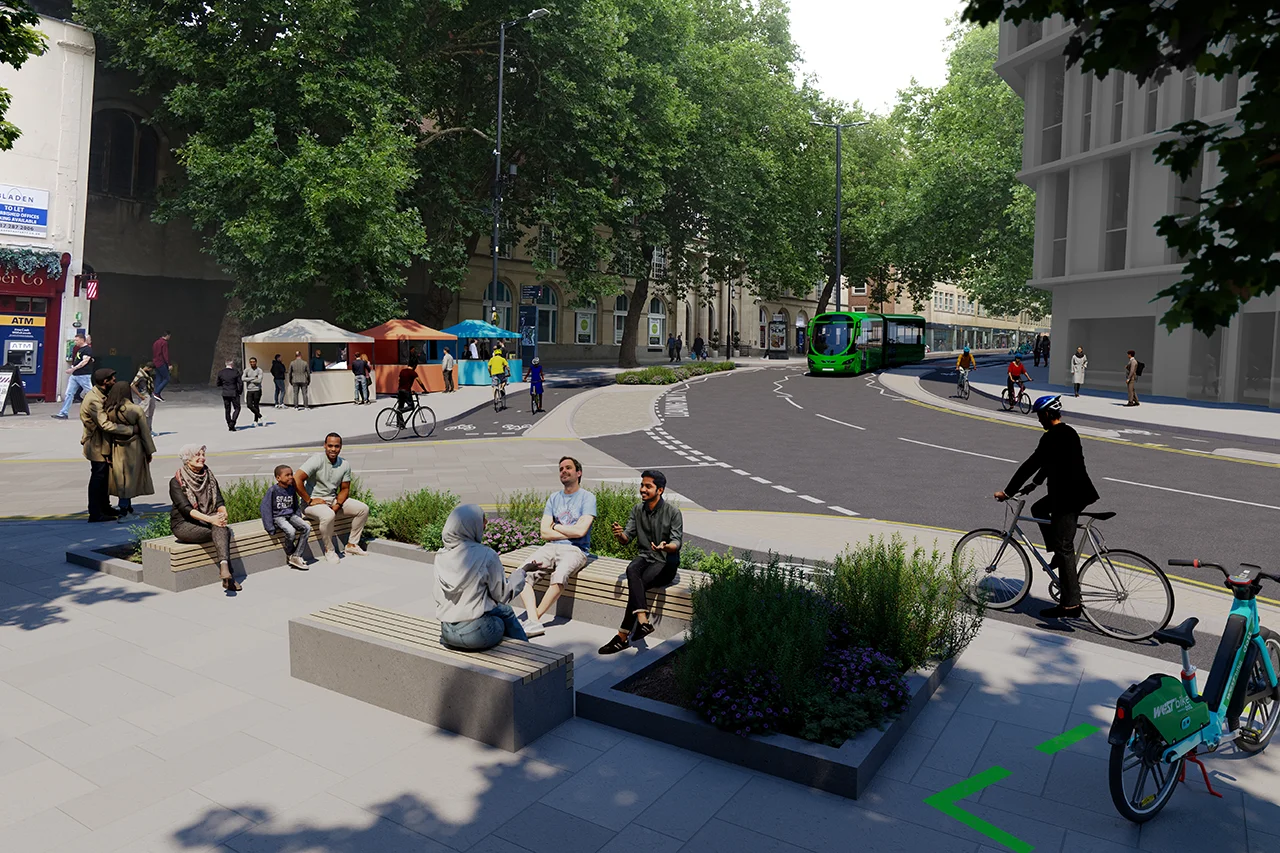 a graphic showing a pedestrian space with seating and e-bike and e-scooter parking on the corner of Broad Street where it meets Wine Street and High Street.