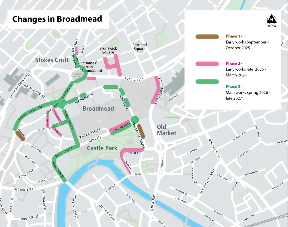 Map showing the early work phases and main work phases in the Broadmead area.