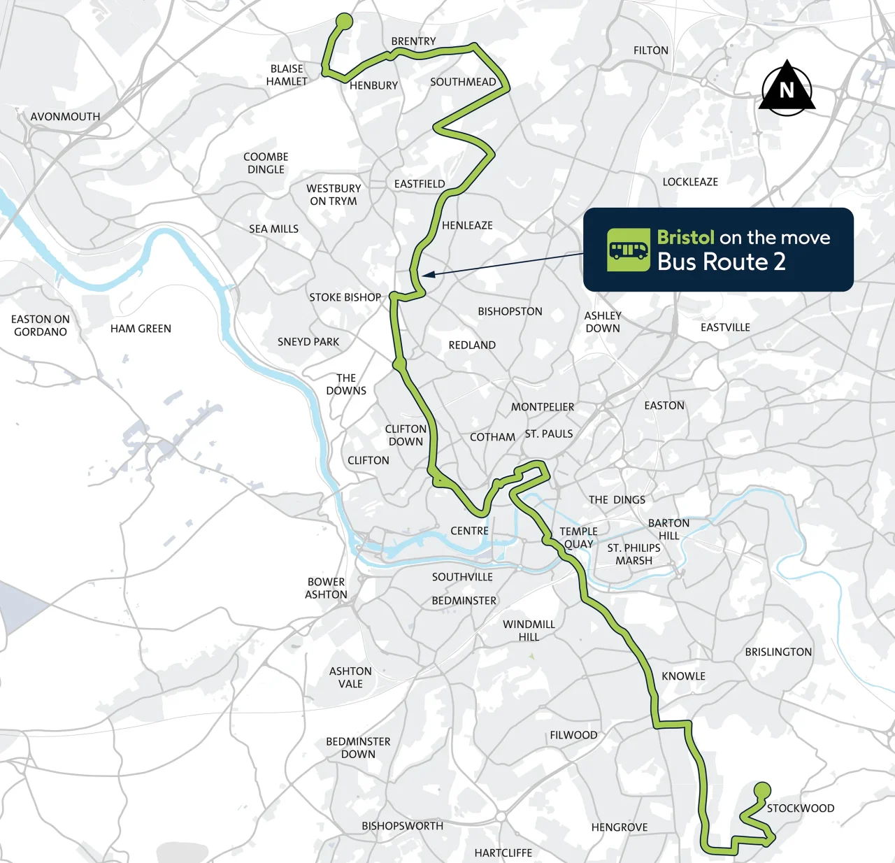 Map view with the Bus Route 2 highlighted between Stockwood and Brentry