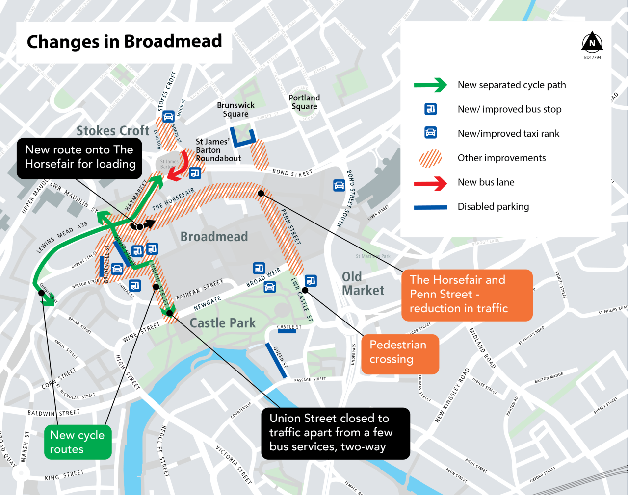 A map showing Broadmead with new disabled parking, separated cycle paths, new taxi ranks and bus stops and bus lanes.