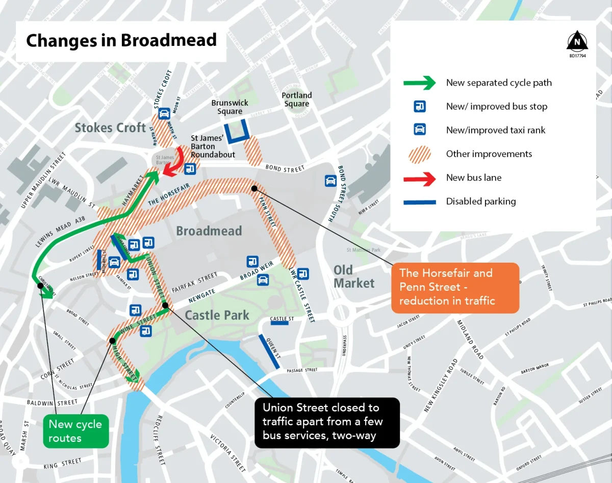 A map showing Broadmead with new disabled parking, separated cycle paths, new taxi ranks and bus stops and bus lanes.