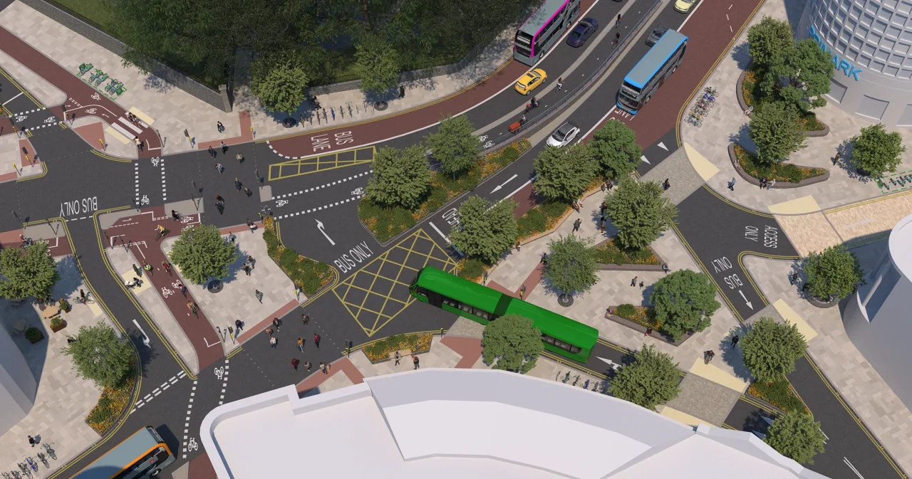 Proposed access arrangements from Union Street and Haymarket to The Horsefair and Penn Street A graphic showing the proposed arrangements on the junction with a bus travelling on a one-way road off Union Street towards a bus lane on Haymarket Street.