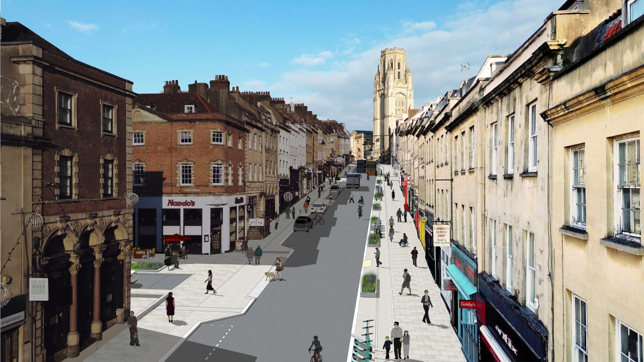 Visualisation of Park Street showing wider pavements and built out areas with planters and seating.