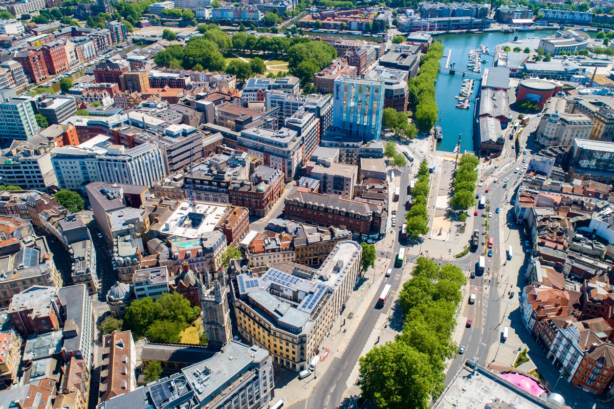 Aerial view overlooking Bristol City centre on a sunny day