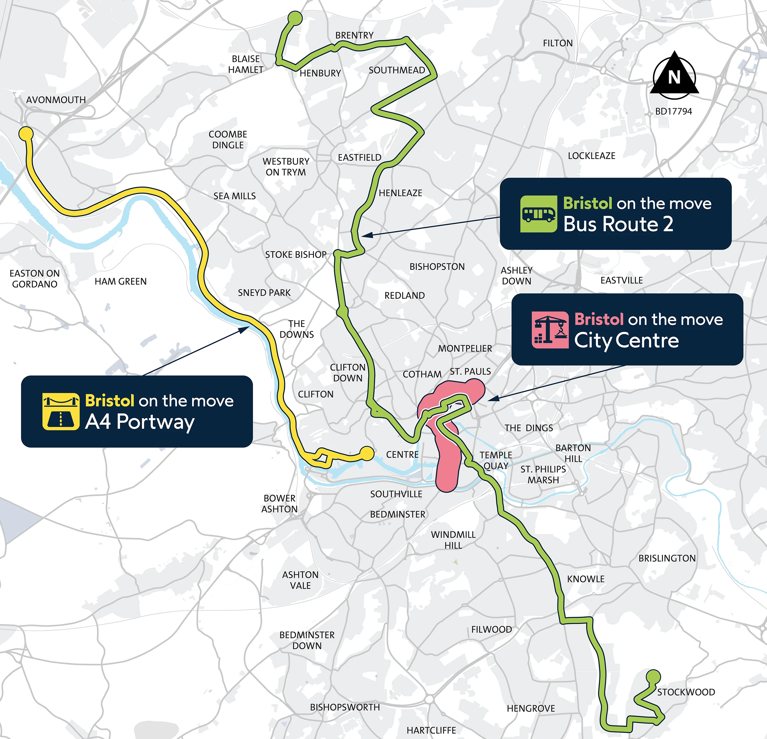 Bristol on the Move - Map of projects Routes and areas marked out for A4 Portway, City Centre and Bus Route 2