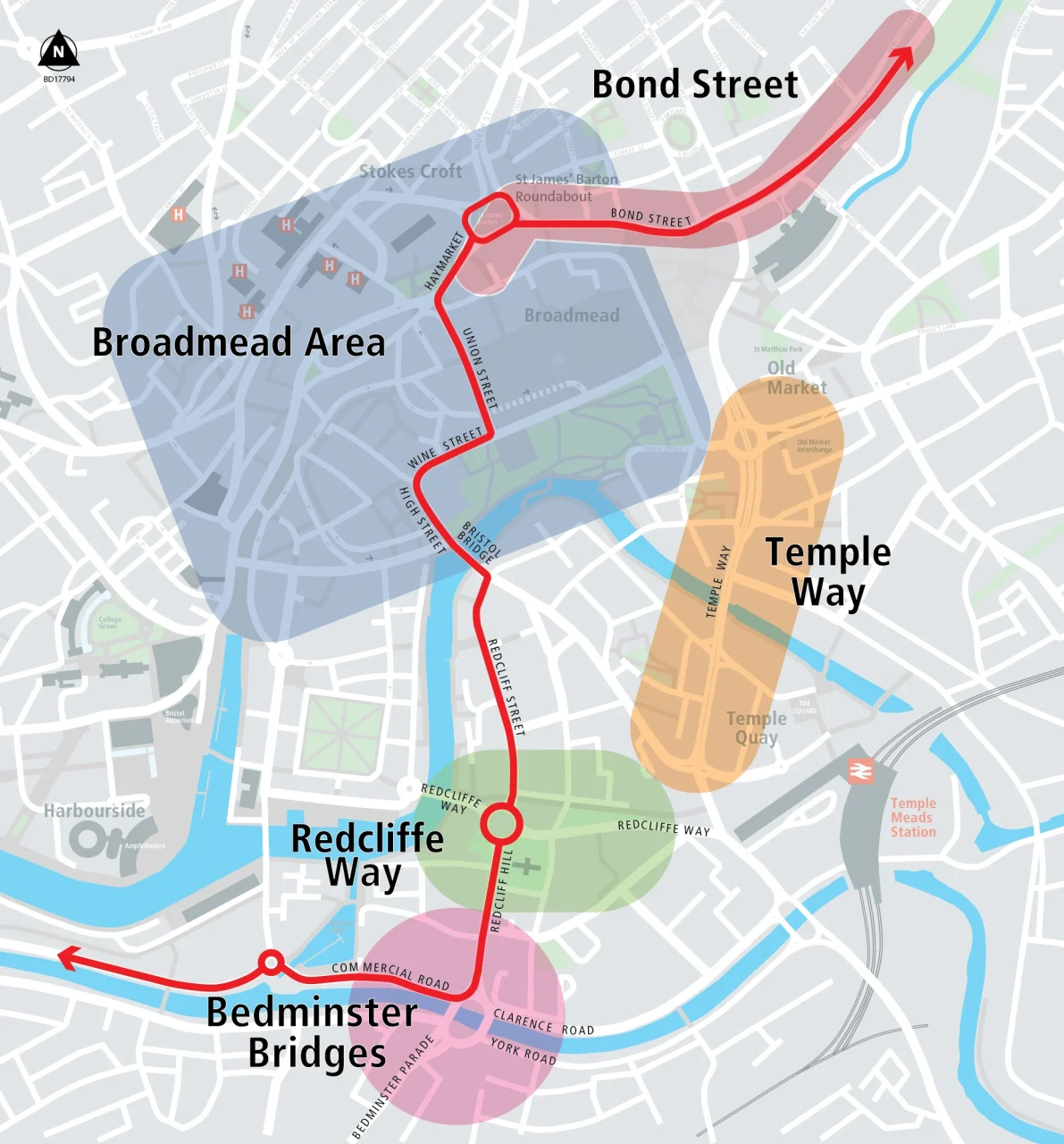 A map showing the schemes the City Centre covers, including Bond Street at the top, moving down to Broadmead area, then onto Temple Way, Redcliffe Way and Bedminster Bridges at the bottom.