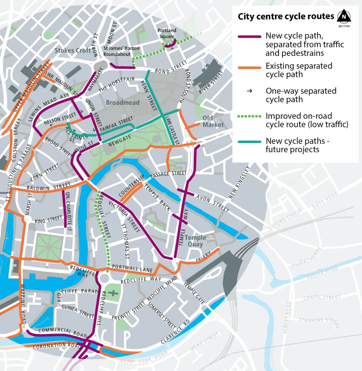 A map that plots new and existing cycle paths that are separated from traffic throughout Bristol city centre, including along Penn Street, Temple Way, Victoria Street, Wine Street, Newgate, and Lewin Mead, Haymarket and part of Bond Stret.