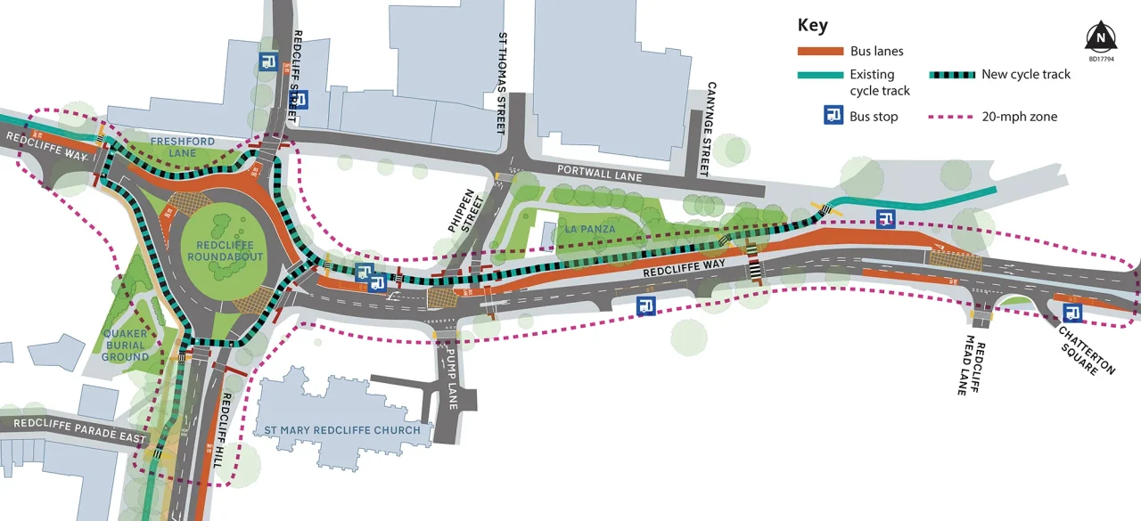A plan showing Redcliffe Roundabout and Redcliffe Way with a 20 mile per hour speed limit, bus lanes and new cycle track and bus stops.