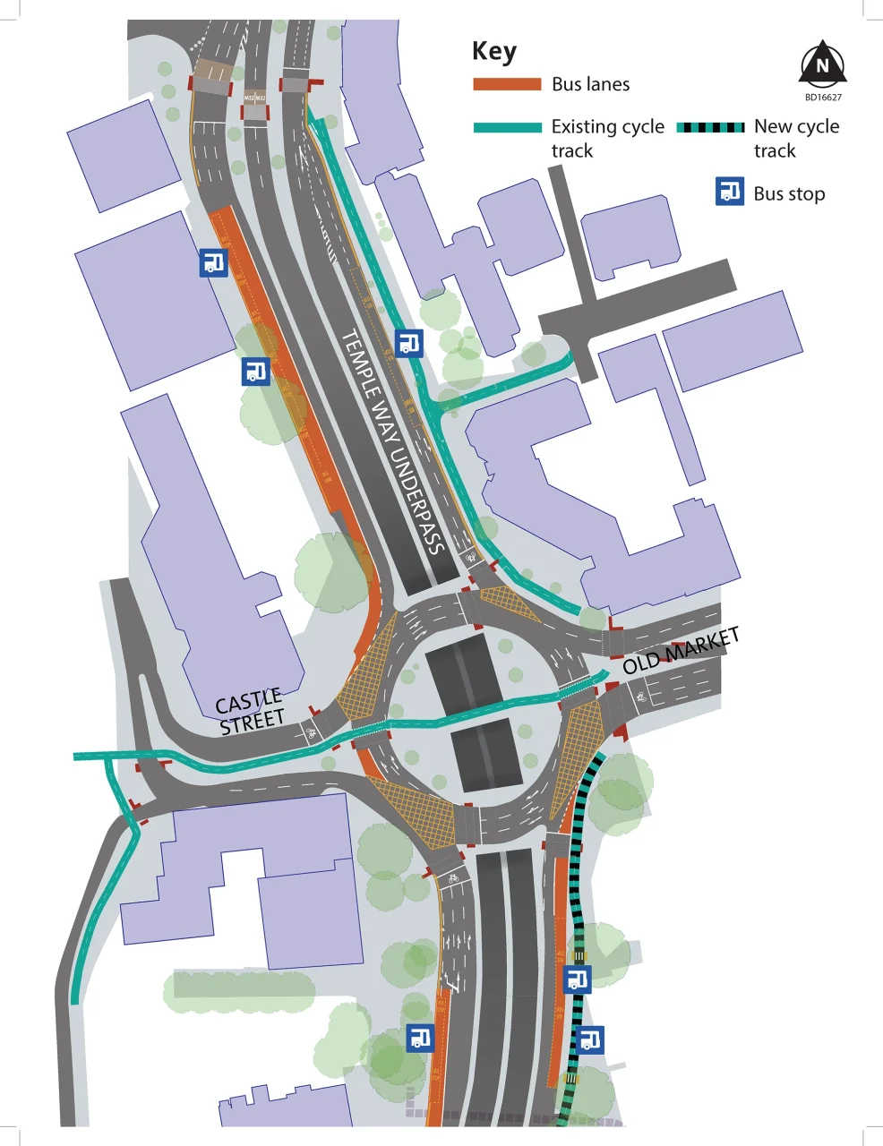 Plan showing section of Temple Way that including Temple Way underpass, including new sections of bus lanes, cycle track and bus stops.