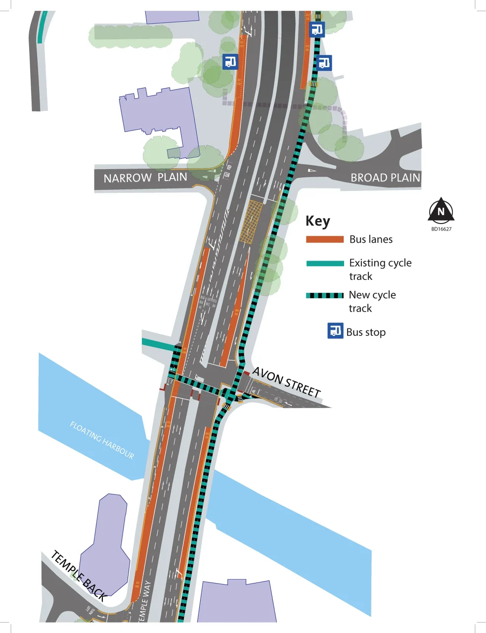 Plan showing section of Temple Way at its junctions with Narrow Plain, Avon Street and Temple Back, including new sections of bus lanes, cycle track and bus stops.