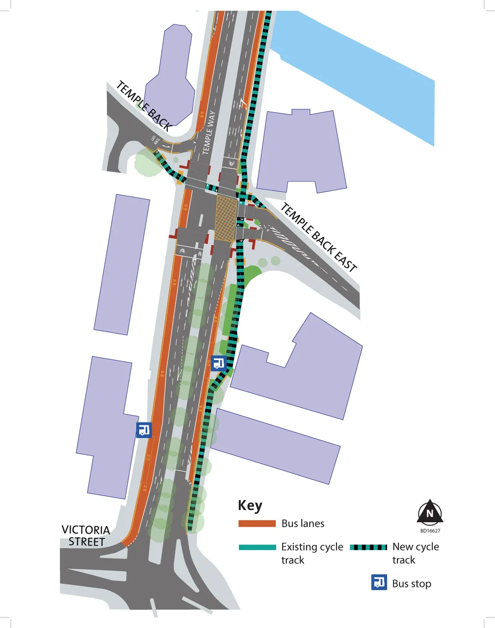 Plan showing section of Temple Way from its junction with Temple Back to where it meets Victoria Street, including new sections of bus lanes, cycle track and bus stops.