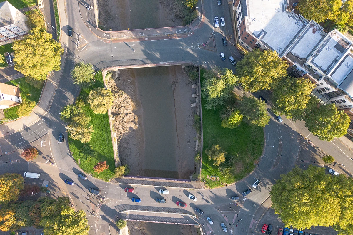 An aerial view of the Bedminster Bridges roundabout that goes over the New Cut of the River Avon.