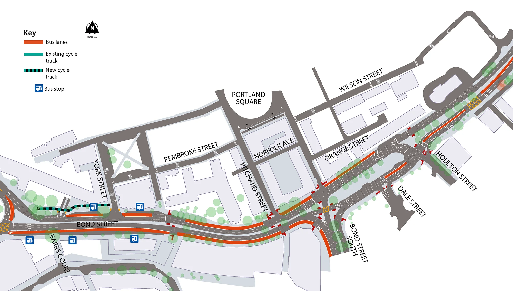A plan showing the proposed changes to Bond Street, including new bus lanes, cycle track and bus stops.