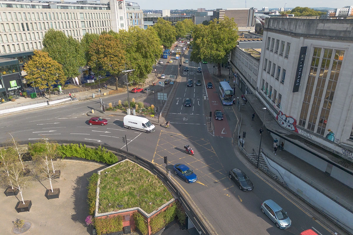 Bond Street roundabout Three lane traffic in both directions on Bond Street heading towards St James Barton Roundabout