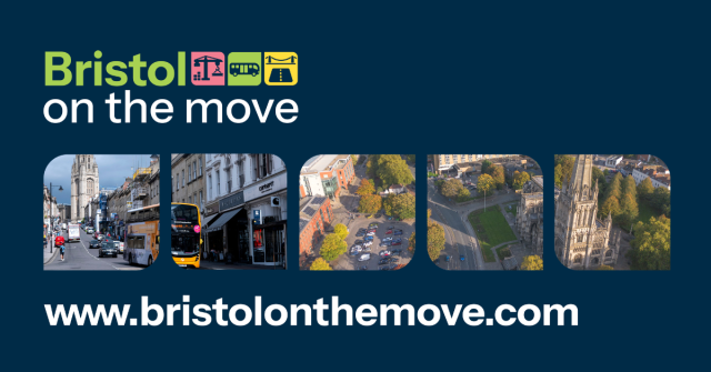 A graphic with a photo of a bus travelling down Park Street and an aerial view of Redcliffe Roundabout.