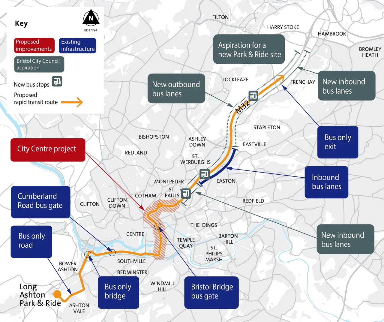 A map that plots a proposed rapid transit route starting at Long Ashton Park & Ride in the southwest, travelling via Southville, the city centre, through Easton and the M32, towards Frenchay in the northeast.