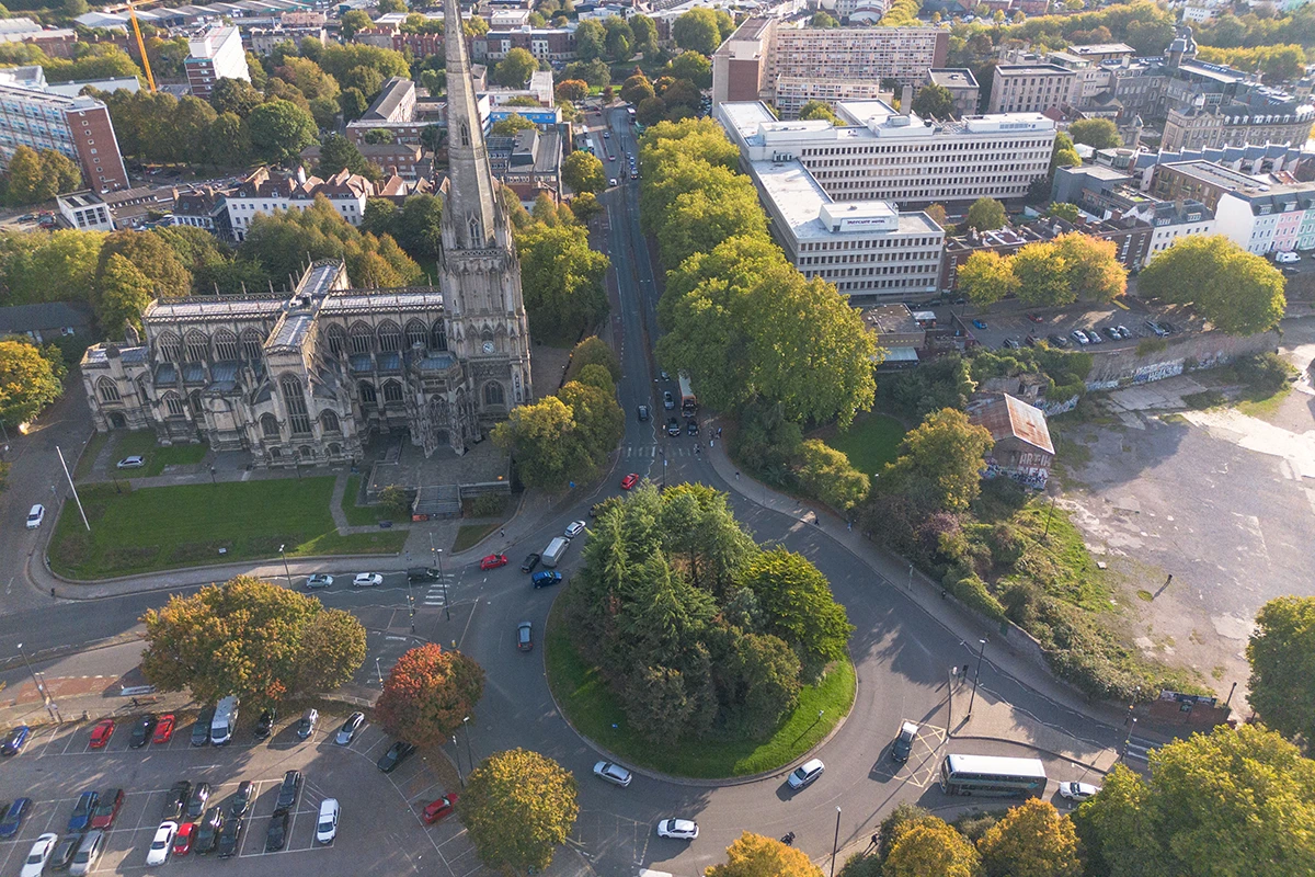 botm-featured Aerial view of Redcliffe Roundabout alongside St Mary Redcliffe church.