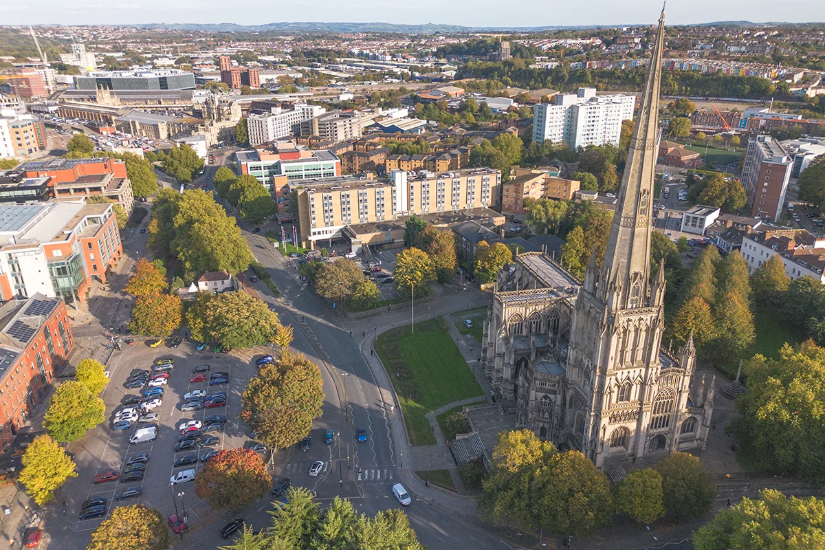 botm-mask-home Aerial view overlooking Redcliffe and St Mary Redcliffe Church