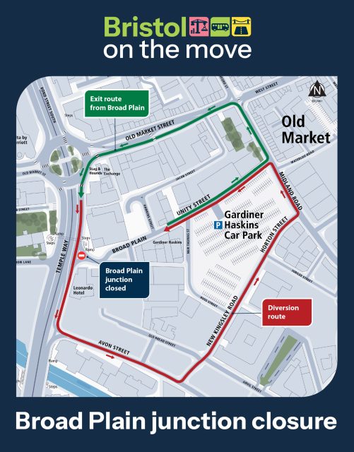 Map showing diversion via Avon Street, New Kingsley Road, Horton Street, Midland Road, Unity Road. 
