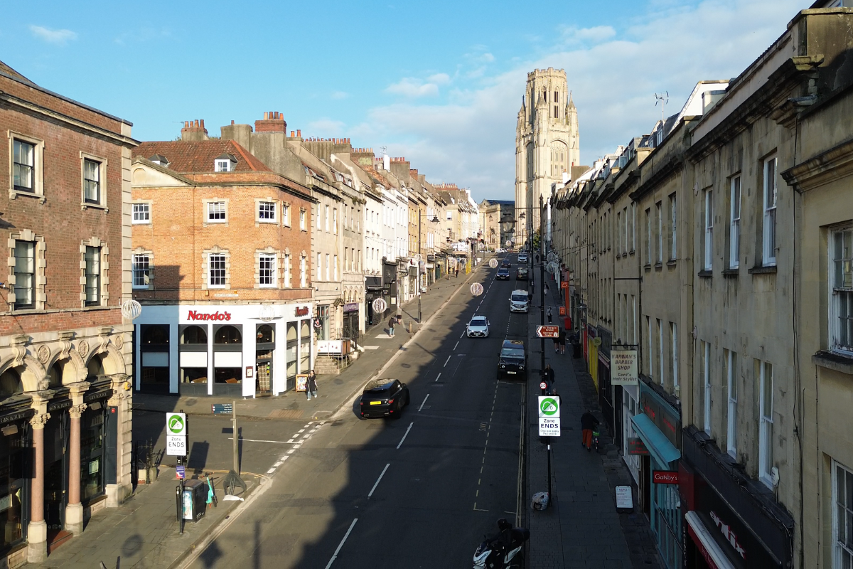 An aerial view looking up Park Street towards the Wills Tower