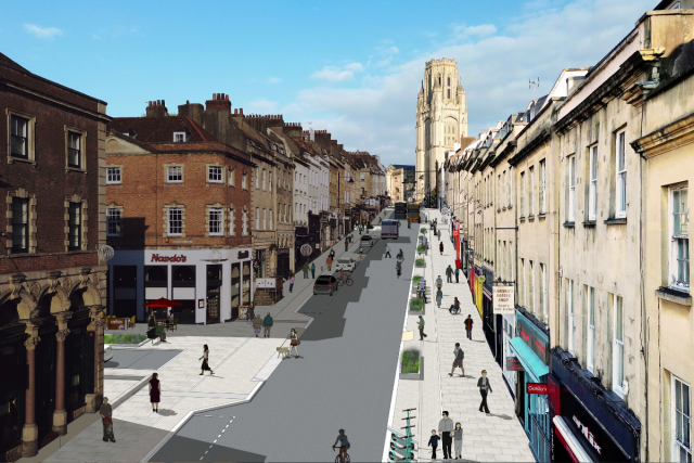 A visualisation of Park Street with wider pavements.