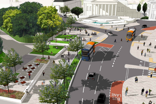 A visualisation of how Queens Road could look with two-way traffic and no central reservation and a large area of public space to the right when facing the Victoria Rooms.