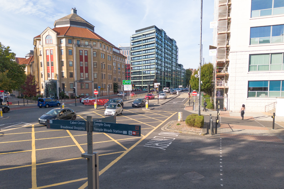 Temple Way with office buildings either side of a multiple lane road.