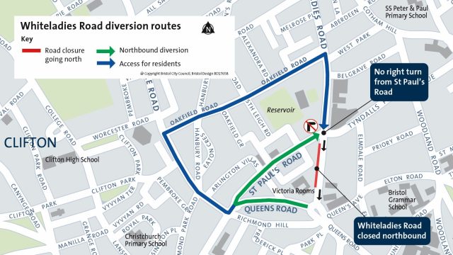 Map showing diversion route via Queens' Road and St Paul's Road.