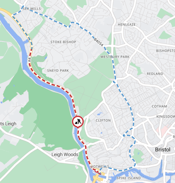A diversion map showing the route via Hotwells, Clifton Down and Stoke Bishop.